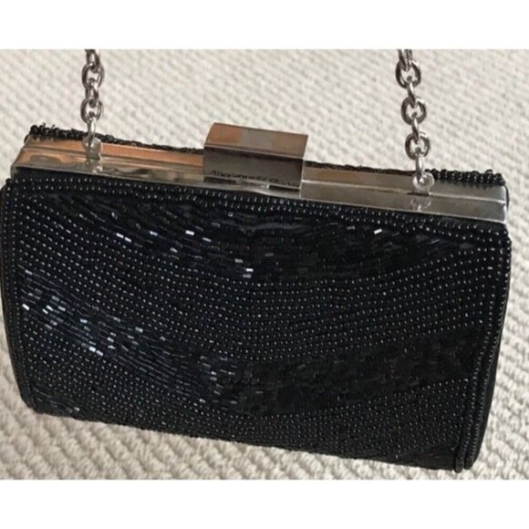 BCBGMaxAzria Handbags - BCBG Maxazria Black Beaded Clutch Purse Handbag Hot Pink Lining Chrome Trim